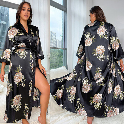PLUSZ MÉRETŰ 5XL szexi szerelemmintás virágos hosszú köntös hálóing Kimonó fürdőköpeny ruha Elegáns hálóruha női szatén otthoni pongyola