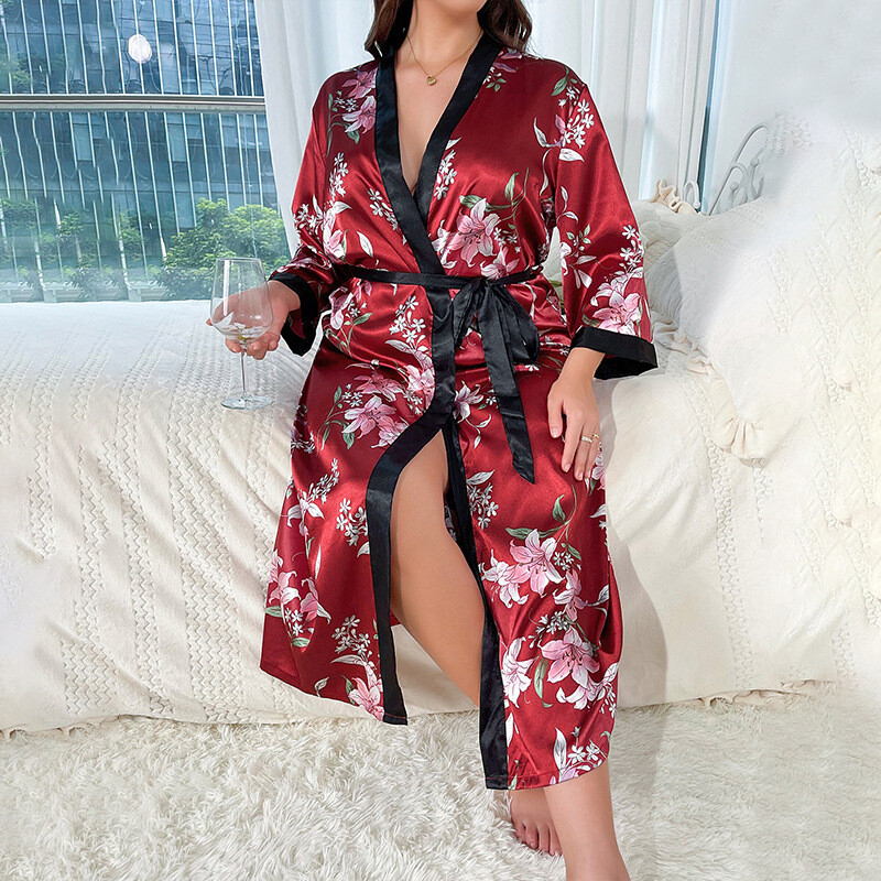 PLUS SIZE 5XL Sexy Love Print Flower Robă lungă Cămașă de noapte Kimono Halat de baie Rochie de dormit elegantă Rochie de casă din satin pentru femei