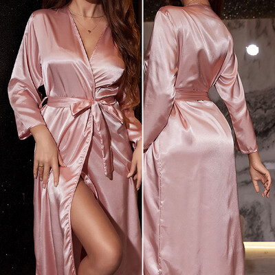 Pavasara rudens sieviešu garais halāts, satīna guļamveļa, atpūtas apģērbs, kāzu kimono peldmētelis, brīvs satīna mājas kleita, naktskrekls, apakšveļa