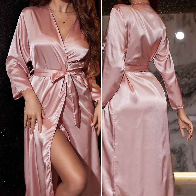 Pavasara rudens sieviešu garais halāts, satīna guļamveļa, atpūtas apģērbs, kāzu kimono peldmētelis, brīvs satīna mājas kleita, naktskrekls, apakšveļa