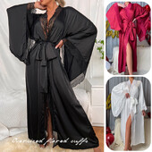 Dlhý pevný kimono župan pre ženy, sexy čipkovaný patchworkový župan, šaty s rozšírenými rukávmi, pyžamá, nočné prádlo, nevesta, svadobné župany, spoločenské oblečenie