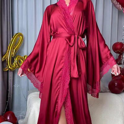 Dlhý pevný kimono župan pre ženy, sexy čipkovaný patchworkový župan, šaty s rozšírenými rukávmi, pyžamá, nočné prádlo, nevesta, svadobné župany, spoločenské oblečenie