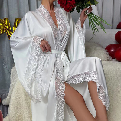 Dlhý pevný kimono župan pre ženy, sexy čipkovaný patchworkový župan, šaty s rozšírenými rukávmi, pyžamá, nočné prádlo, nevesta, svadobné župany, spoločenské oblečenie