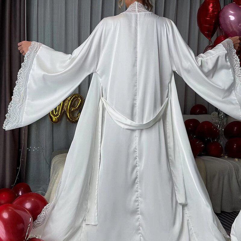 Dlhý pevný kimono župan pre ženy, sexy čipkovaný patchworkový župan, šaty s rozšírenými rukávmi, pyžamá, nočné prádlo, nevesta, svadobné župany, spoločenské oblečenie