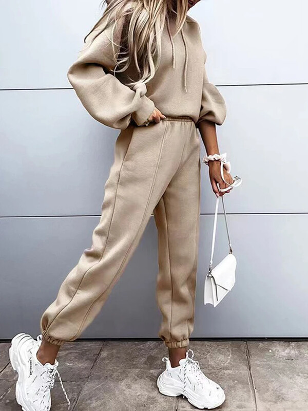 Įprasti rinkiniai moterims Madingi vintažiniai 2 dalių rinkiniai su gobtuvu, laisvu, elastingu juosmeniu, 2024 m. nauji rudens žiemos kelnių rinkiniai