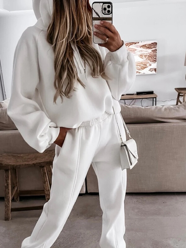 Įprasti rinkiniai moterims Madingi vintažiniai 2 dalių rinkiniai su gobtuvu, laisvu, elastingu juosmeniu, 2024 m. nauji rudens žiemos kelnių rinkiniai