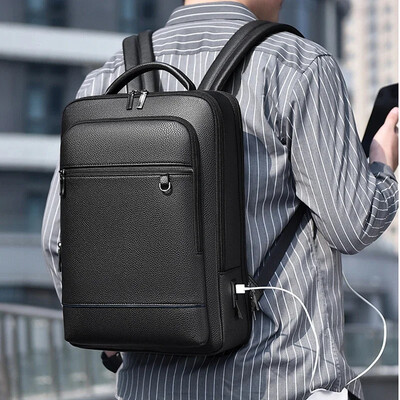 Executive Backpack Ανδρικά PU Δερμάτινη τσάντα φόρτισης USB Χαρτοφύλακας γραφείου Travel Laptop Office Business Shoulder Pack Πλάτη Αρσενικό
