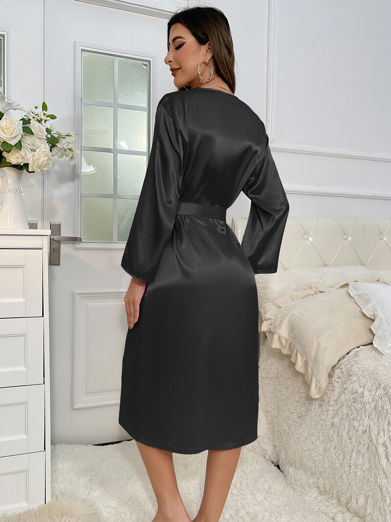 Halat de mătase de vară, sexy, imitație de mătase, pentru femei, cu mânecă lungă, halat de baie, cu dantelă, rochie de casă, la modă.