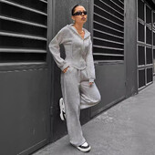 Γκρι μπουφάν μπουφάν γυναικείο παντελόνι 2 τεμαχίων σετ casual μακρυμάνικο παλτό με φερμουάρ Casual μασίφ φούτερ Παντελόνι κοστούμι Φθινοπωρινά αθλητικά