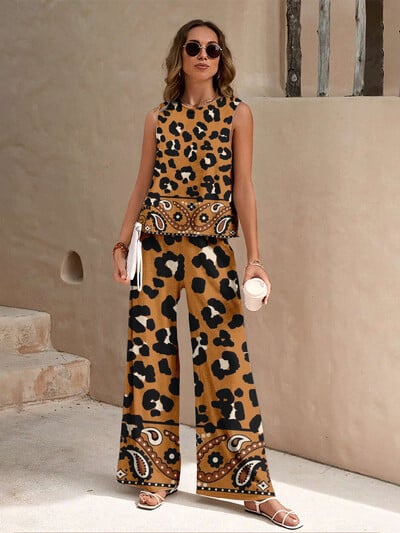 Madingi leopardo raštai vasariniai moteriški kasdieniai laisvalaikio apatinių ir kelnių rinkinys Miesto gatvės mados kelnės, moteriški drabužiai, 2 dalių rinkinys