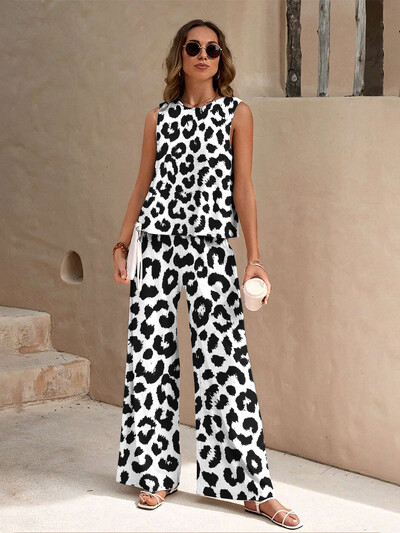 Madingi leopardo raštai vasariniai moteriški kasdieniai laisvalaikio apatinių ir kelnių rinkinys Miesto gatvės mados kelnės, moteriški drabužiai, 2 dalių rinkinys