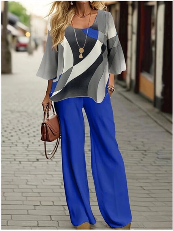 Vasaros mados marškinėlių kelnių rinkinys Moteriški plunksnų raštai Vidurinės rankovės laisvos plačios kelnės Biuro drabužių komplektas moterims