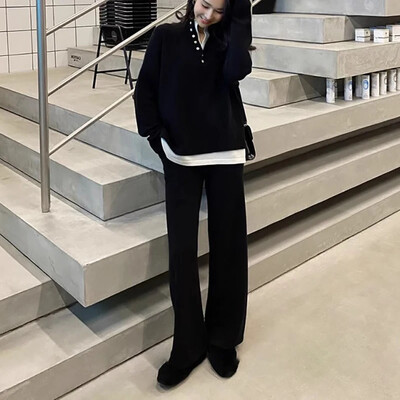 Vintage Chic Hot Style Πλεκτά αθλητικά κοστούμια δύο τεμαχίων 2023 Φθινόπωρο και Χειμώνας Νέα Μόδα Σετ παντελόνια με φαρδιά πουλόβερ