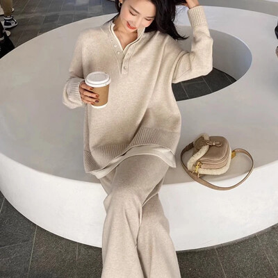 Vintage Chic Hot Style Πλεκτά αθλητικά κοστούμια δύο τεμαχίων 2023 Φθινόπωρο και Χειμώνας Νέα Μόδα Σετ παντελόνια με φαρδιά πουλόβερ