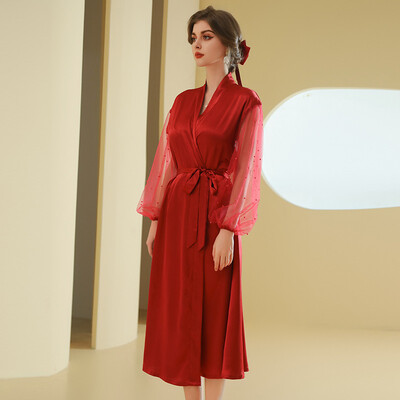 Robe de mireasa de mireasa din plasa de perla de lux Roba de mireasa de nunta, lunga, larga, de dama, cachie de noapte din satin, de vara, de primavara dimineata.