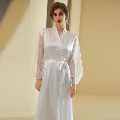 Robe de mireasa de mireasa din plasa de perla de lux Roba de mireasa de nunta, lunga, larga, de dama, cachie de noapte din satin, de vara, de primavara dimineata.