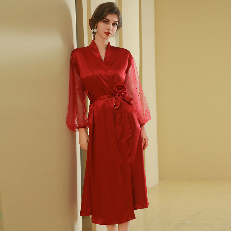 Robe de mireasa de mireasa din plasa de perla de lux Roba de mireasa de nunta, lunga, larga, de dama, cachie de noapte din satin, de vara, de primavara dimineata.