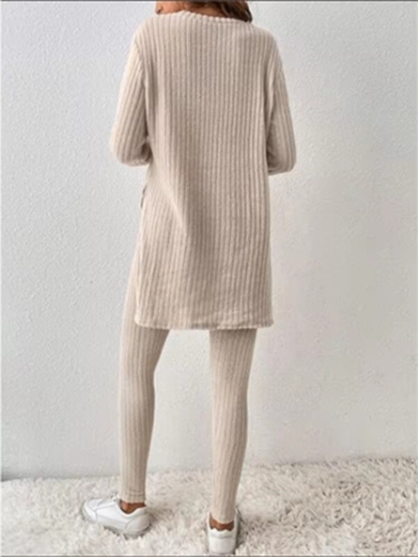 Moteriškas vienspalvis skeltuku rinkinys laisvalaikio briaunoti ilgomis rankovėmis plonų kelnių rinkinys rudens žiemos drabužiai