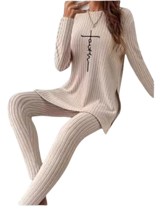 Moteriškas vienspalvis skeltuku rinkinys laisvalaikio briaunoti ilgomis rankovėmis plonų kelnių rinkinys rudens žiemos drabužiai