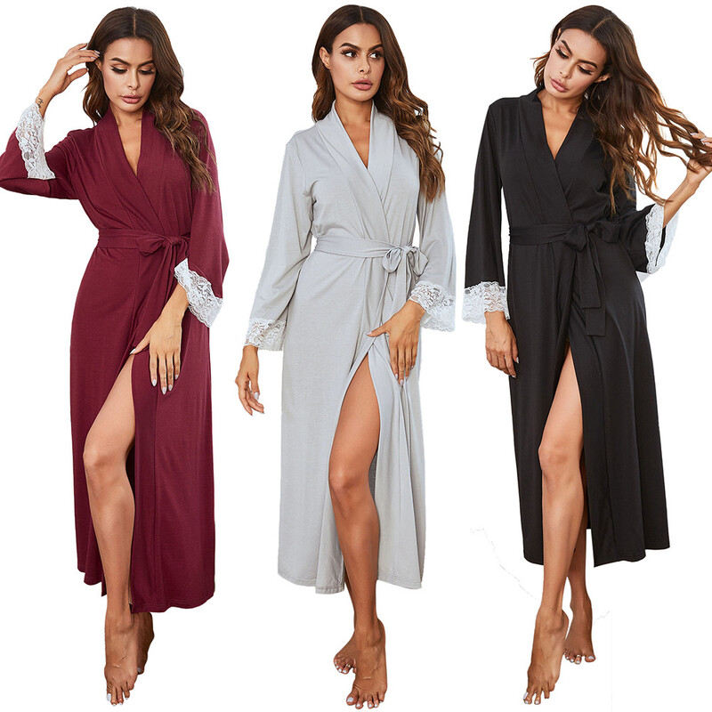 Jarný jesenný župan, dlhé kimono, dámsky bavlnený župan, sexy nočná košeľa s výstrihom do V, spoločenské oblečenie s čipkovými rukávmi a rukávmi, domáci župan