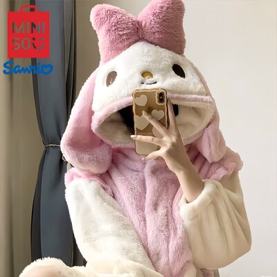 MINISO Senrio My Melody Home Φορέστε Χειμώνα Διατηρήστε ζεστό Μπουρνούζι από κοραλί φλις Χαριτωμένο κινούμενα σχέδια για ενήλικες Απαλό χοντρό γυναικείο πιτζάμα Kawaii