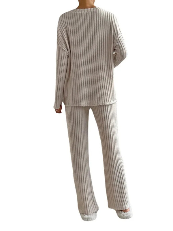 Divatos, alkalmi női kötöttáru-szett 2023-as őszi, új stílusú, egyenes szárú nadrágok, bő szabású, V-nyakú, bordás kötött kötések