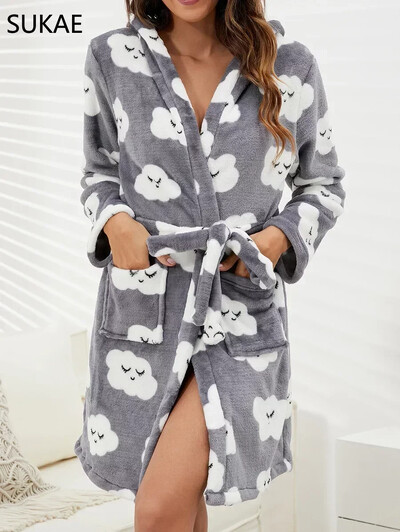 SUKAE Zimski ženski ogrtači Ružičasti baršun Hoodies Ogrtači za kupanje dugih rukava Flanel Kućna odjeća Odjeća za spavanje za slobodno vrijeme Seksi donje rublje za žene