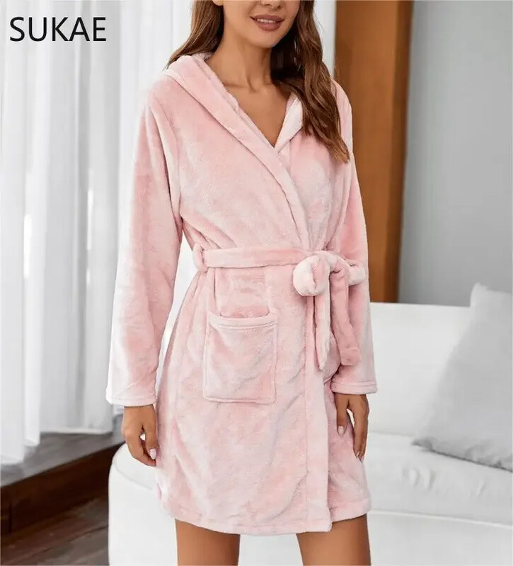 SUKAE Zimski ženski ogrtači Ružičasti baršun Hoodies Ogrtači za kupanje dugih rukava Flanel Kućna odjeća Odjeća za spavanje za slobodno vrijeme Seksi donje rublje za žene