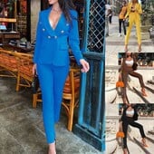 Dámske dvojdielne súpravy, sako, gombíkové zošitie, kabát, rovné nohavice, bežné pevné, vysoký pás, dlhé nohavice, elegantné kancelárske oblečenie