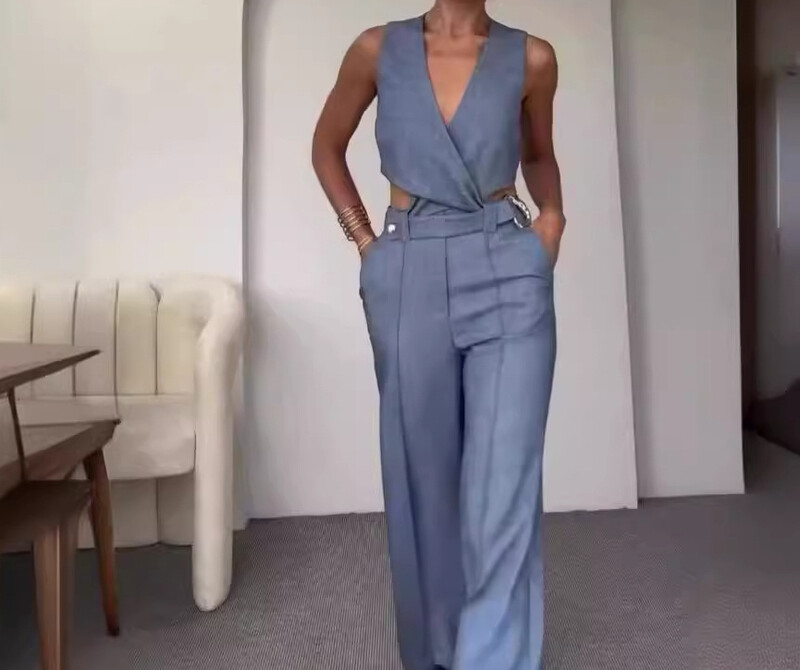 Dámske dvojdielne nohavicové súpravy, úzky strih, bez rukávov, vesta, výstrih do V, vysoký pás, nohavice s vreckámi, jednofarebné, pravidelné, elegantné, letné