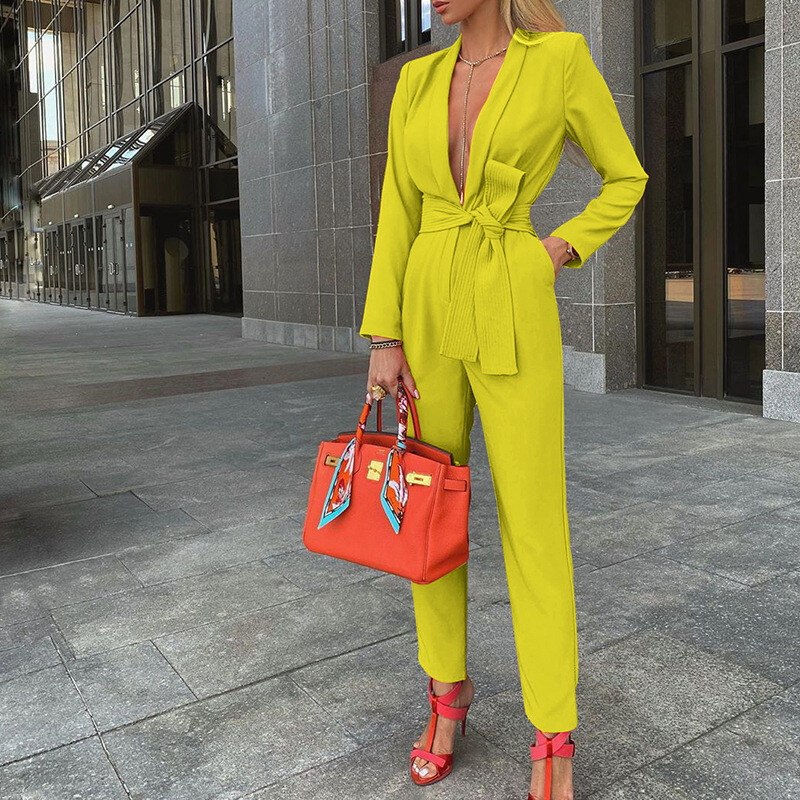 Dámske overaly s výstrihom do V, dlhým rukávom a šnurovaním, jednodielne elegantné kancelárske overaly s dlhým rukávom a šnurovaním, bežné letné 2024