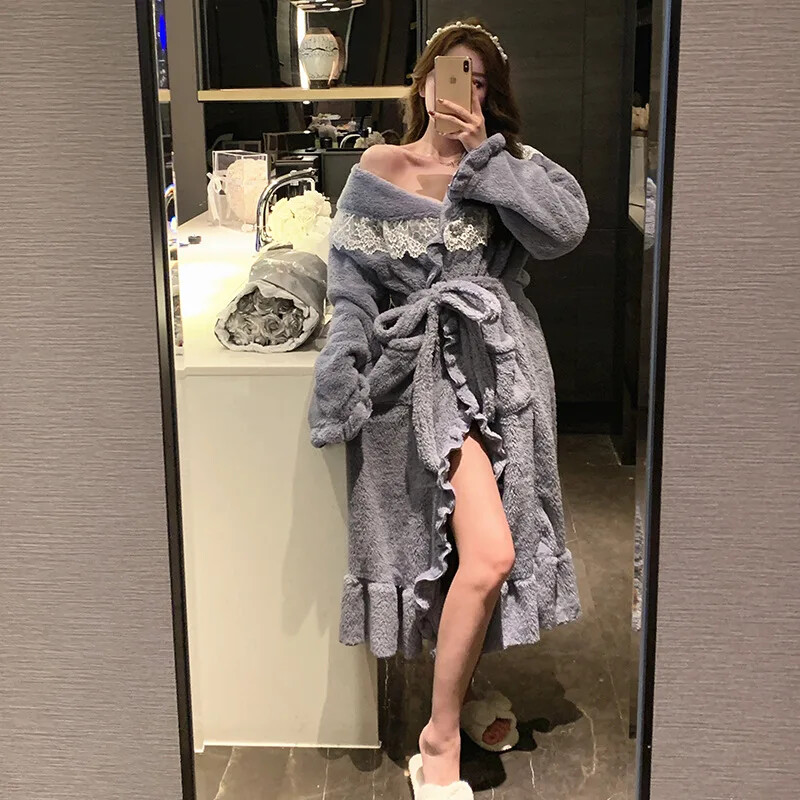 Thousand Wind női téli polár bélésű Robe De Soirée Sexy Luxe fürdőköpeny Extra hosszú korall bársony hálóruha