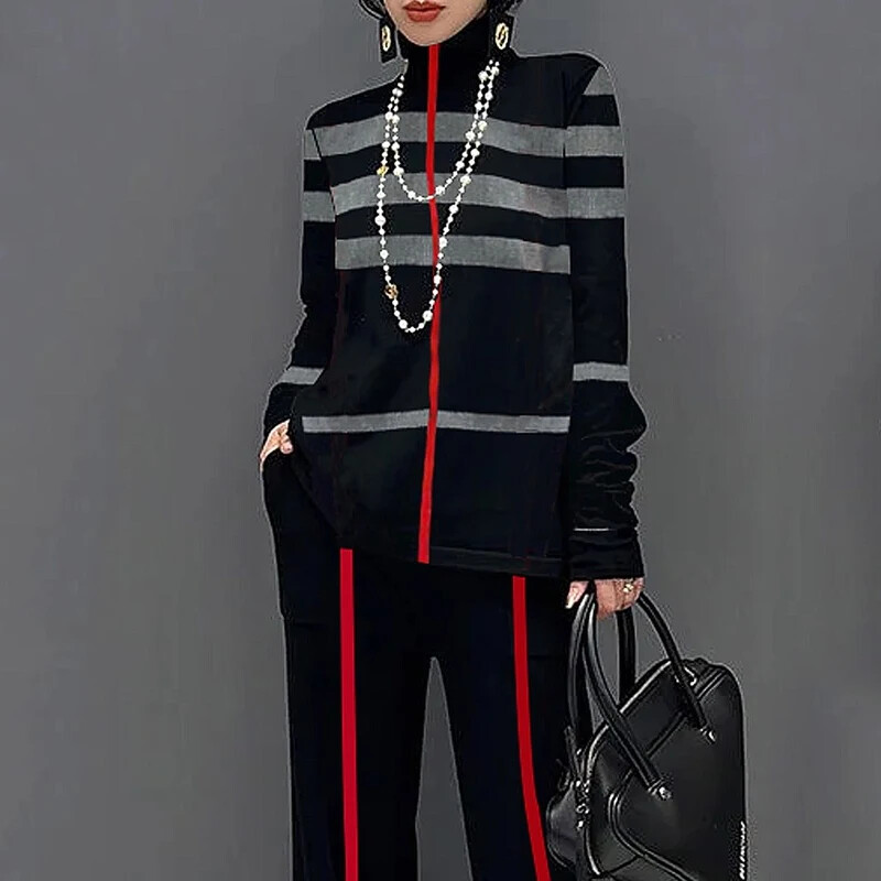 Gymystars Seturi de pantaloni toamnă iarnă Set pantaloni din două piese New Fashion Dungi Tricouri cu gât înalt Topuri Pantaloni largi