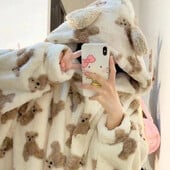 2024 Zimné dlhé rukávy s kapucňou, hrubé teplé flanelové kimono pre ženy, sexy medvedíky, roztomilé župany na spanie, nočná košeľa, nočné šaty