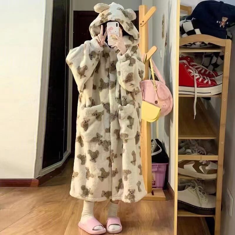 2024 Zimné dlhé rukávy s kapucňou, hrubé teplé flanelové kimono pre ženy, sexy medvedíky, roztomilé župany na spanie, nočná košeľa, nočné šaty
