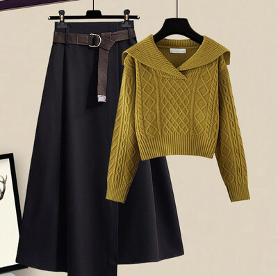 1940-es évek Retro Lazy Stílusú Gyapjú Ruhák Őszi Rövid Személy Felső Félszoknya Kétrészes szett Pamut anyag Kényelmes Alkalmi Stílus