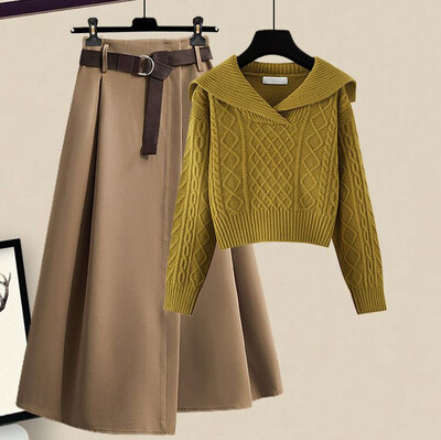 1940-es évek Retro Lazy Stílusú Gyapjú Ruhák Őszi Rövid Személy Felső Félszoknya Kétrészes szett Pamut anyag Kényelmes Alkalmi Stílus