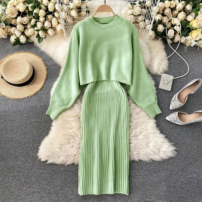 Ženski pulover Midi Dress Set Ležerni puloveri Odijela Jesen Zima O-izrez Dugi rukavi Pleteni Jednobojni Tanki Elegantni Topovi Elastični