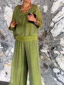 Elegantný šifónový nohavice so širokými nohavicami, dvojdielny set, dámsky, jar 2024, voľný outfit s polovičným rukávom, letný výstrih do V, ležérny oblek s otvoreným chrbtom