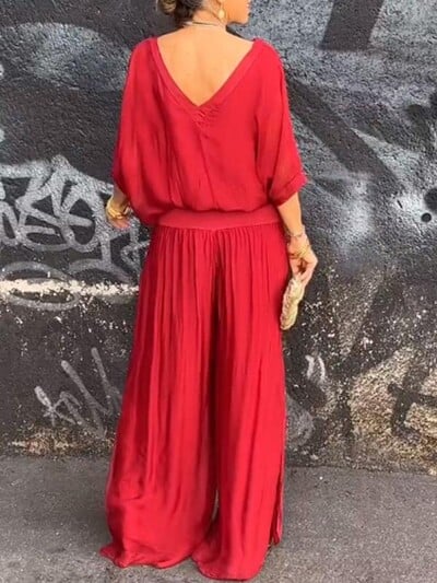 Elegantný šifónový nohavice so širokými nohavicami, dvojdielny set, dámsky, jar 2024, voľný outfit s polovičným rukávom, letný výstrih do V, ležérny oblek s otvoreným chrbtom