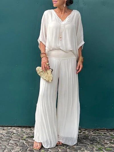 Elegantný šifónový nohavice so širokými nohavicami, dvojdielny set, dámsky, jar 2024, voľný outfit s polovičným rukávom, letný výstrih do V, ležérny oblek s otvoreným chrbtom