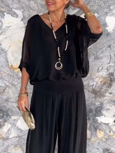 Elegantný šifónový nohavice so širokými nohavicami, dvojdielny set, dámsky, jar 2024, voľný outfit s polovičným rukávom, letný výstrih do V, ležérny oblek s otvoreným chrbtom