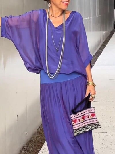 Elegantný šifónový nohavice so širokými nohavicami, dvojdielny set, dámsky, jar 2024, voľný outfit s polovičným rukávom, letný výstrih do V, ležérny oblek s otvoreným chrbtom