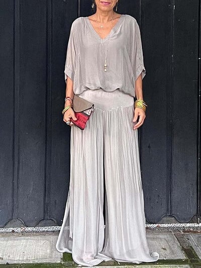 Elegantný šifónový nohavice so širokými nohavicami, dvojdielny set, dámsky, jar 2024, voľný outfit s polovičným rukávom, letný výstrih do V, ležérny oblek s otvoreným chrbtom