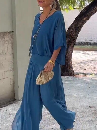 Elegantný šifónový nohavice so širokými nohavicami, dvojdielny set, dámsky, jar 2024, voľný outfit s polovičným rukávom, letný výstrih do V, ležérny oblek s otvoreným chrbtom