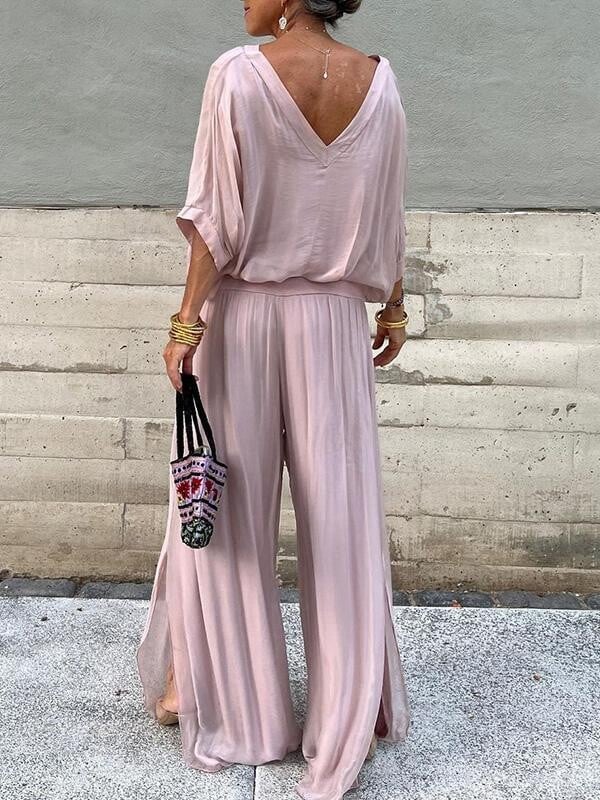 Elegantný šifónový nohavice so širokými nohavicami, dvojdielny set, dámsky, jar 2024, voľný outfit s polovičným rukávom, letný výstrih do V, ležérny oblek s otvoreným chrbtom