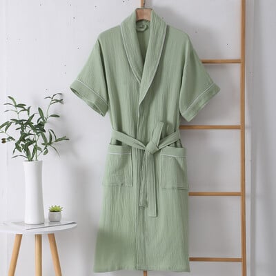 Halat de baie subțire din bumbac de vară Cămașă de noapte din tifon cu mânecă scurtă cu strat dublu pentru bărbați și femei Halat de baie absorbant și cu uscare rapidă