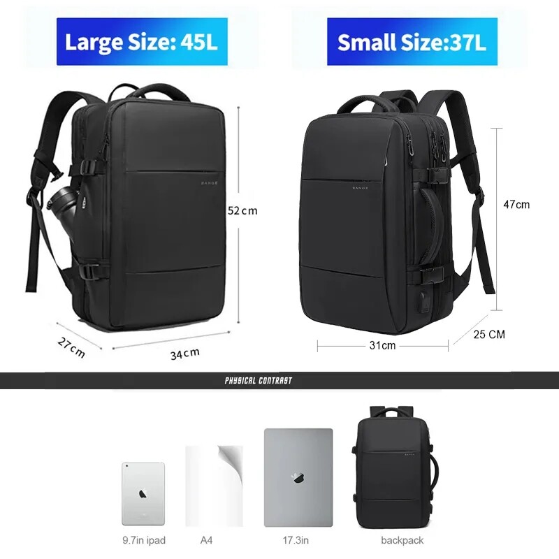 BANGE Cestovný batoh pre mužov, biznis batoh, školský batoh, rozšíriteľná USB taška s veľkou kapacitou, 17,3" notebook, vodotesný