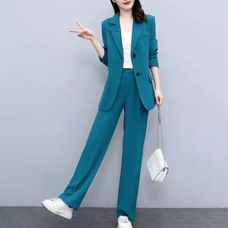 Costum cu pantaloni cu talie elastică Set de costume de afaceri elegante pentru femei cu închidere cu nas cu revere cardigan Pantaloni cu picioare largi Formal for Plus