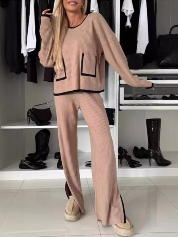 Top la modă cu mâneci lungi cu decolteu O + pantaloni largi Set 2 piese pentru femei Color de toamnă care se potrivesc costum de buzunar lejer casual pentru femei